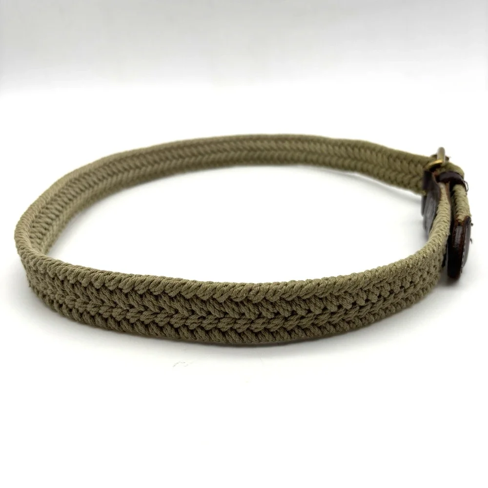 Vintage 90s Dockers 2593 Beige Woven Cotton Brown Leather Brass Buckle Belt 32